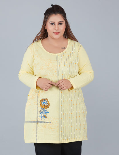 Cotton Long Top for Women Plus Size - Full Sleeves - Yellow At Best Prices 