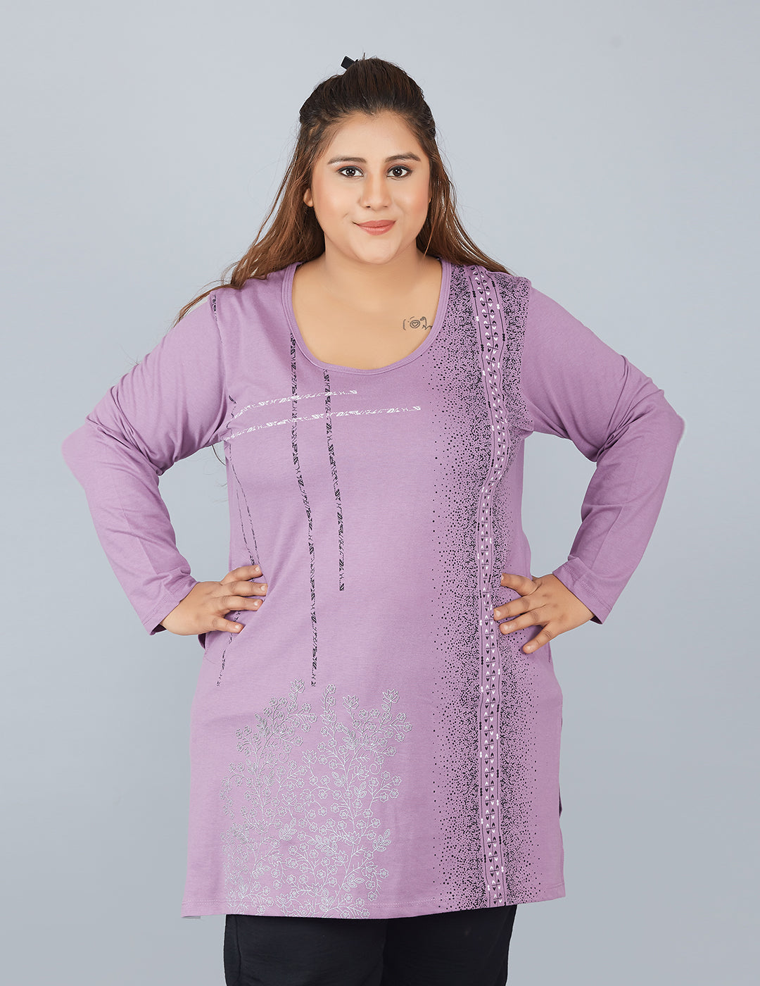 Cotton Long Top for Women Plus Size - Full Sleeves - Lavender 