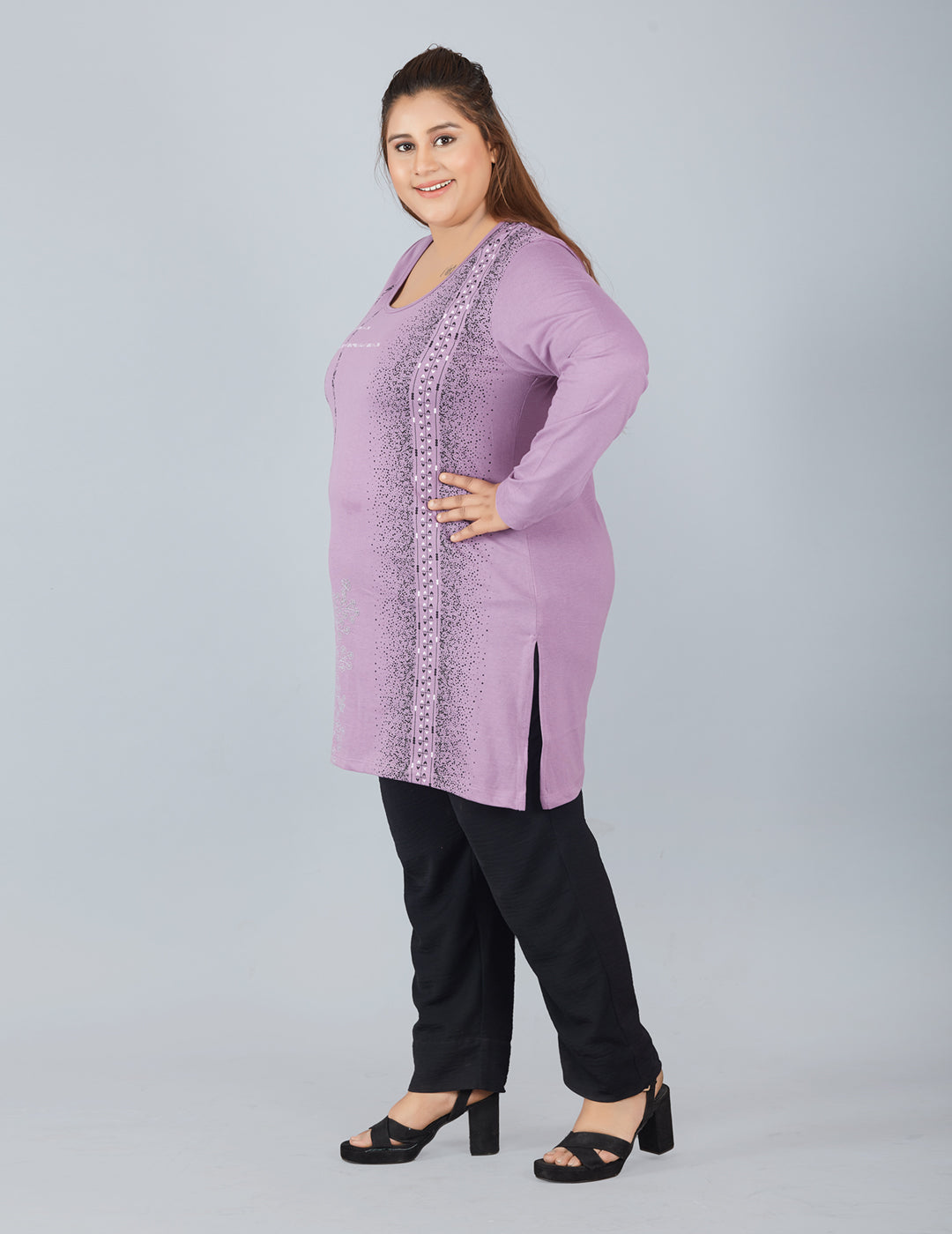 Cotton Long Top for Women Plus Size - Full Sleeves - Lavender