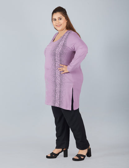 Cotton Long Top for Women Plus Size - Full Sleeves - Lavender