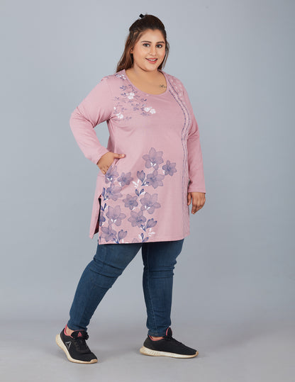 Stylish Mauve Plus Size Cotton Long Top For Women (Full Sleeve) Online In India