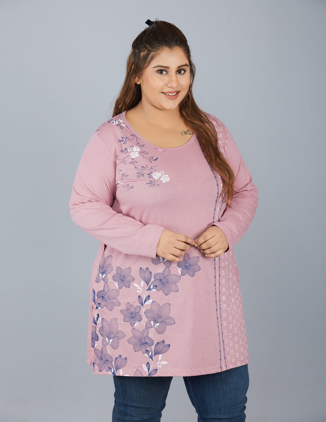 Stylish Mauve Plus Size Cotton Long Top For Women (Full Sleeve) Online In India 