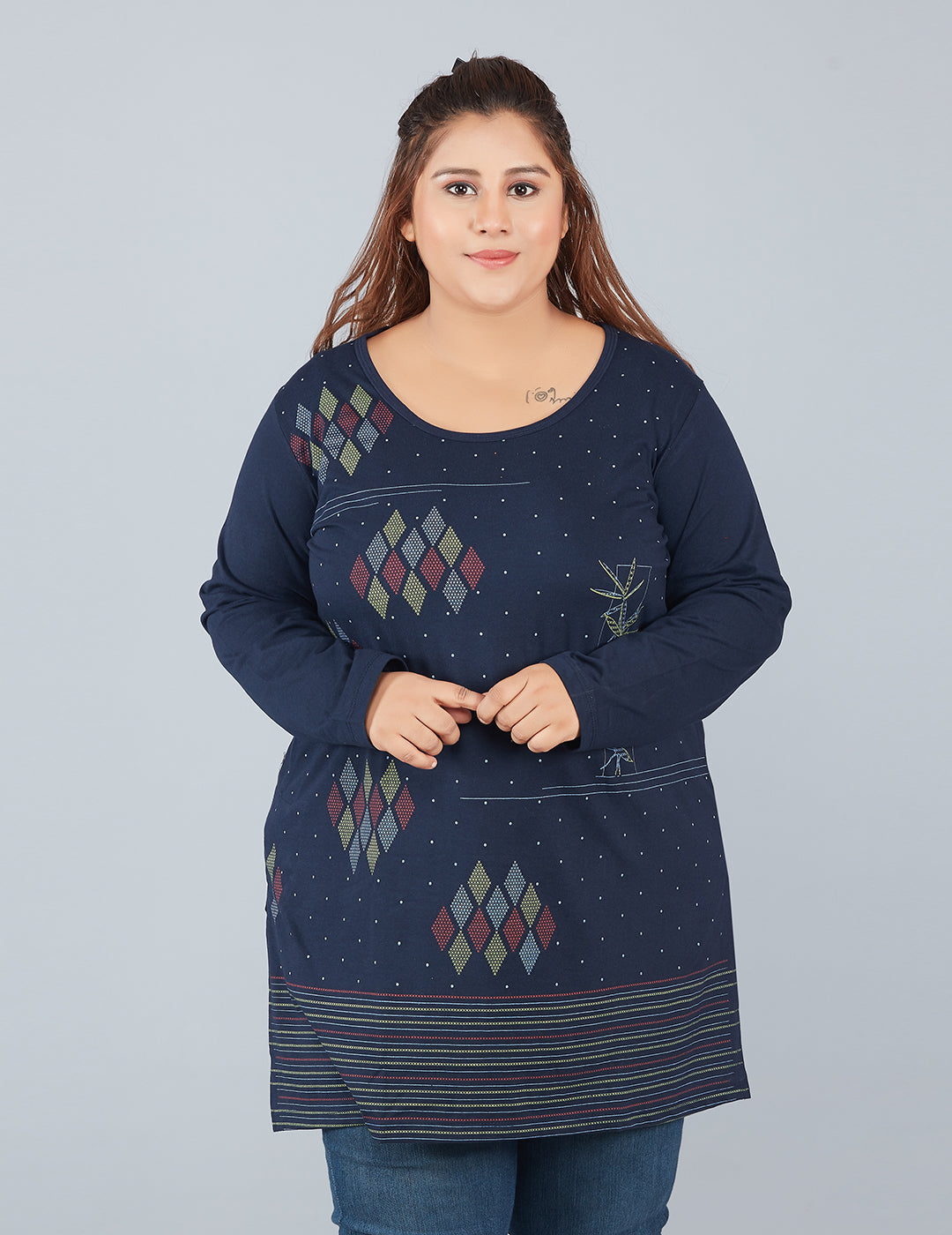 Cotton Long Top for Women Plus Size - Full Sleeve - Navy At Best Prices 