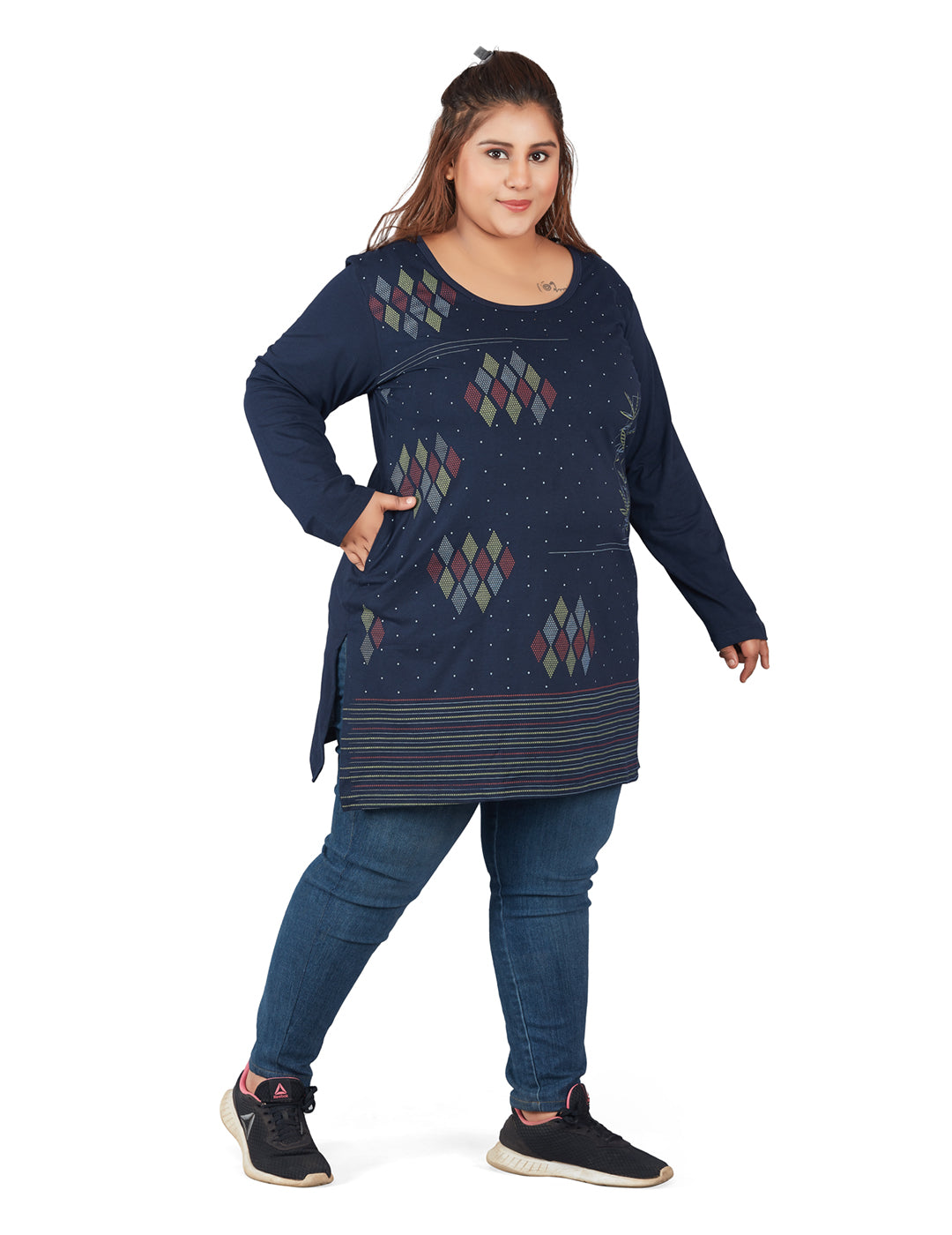 Cotton Long Top for Women Plus Size - Full Sleeve - Navy At Best Prices