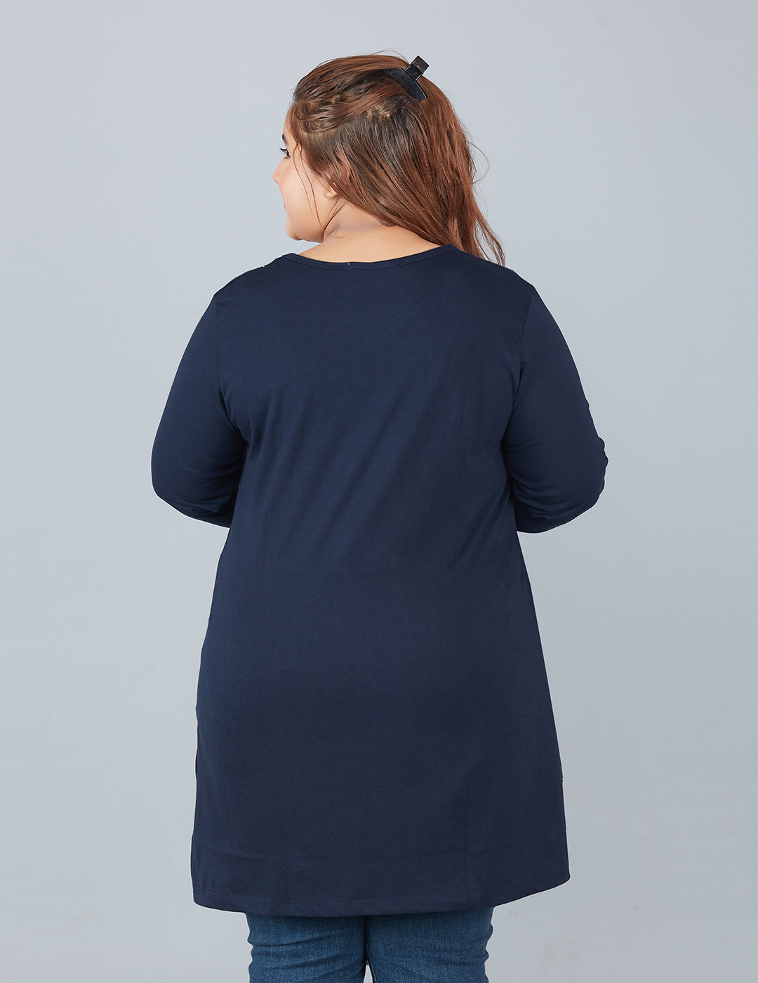 Stylish Navy Cotton Plus Size Full Sleeve Long Top For Women Online In India