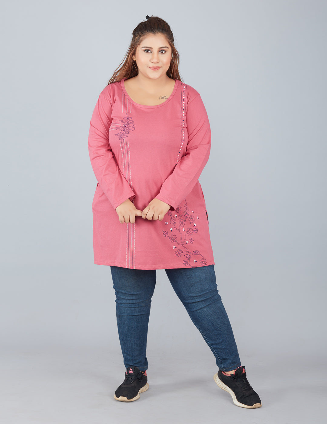Cotton Plus Size Long Tops For Women In Full Sleeves- Rosy Pink At Online