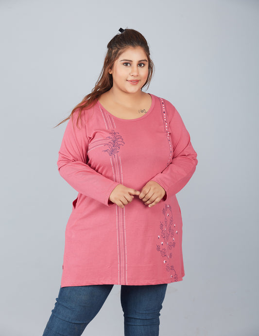 Comfortable Rosy Pink Cotton Plus  Size Full Sleeve Long Top For Women At Best Prices