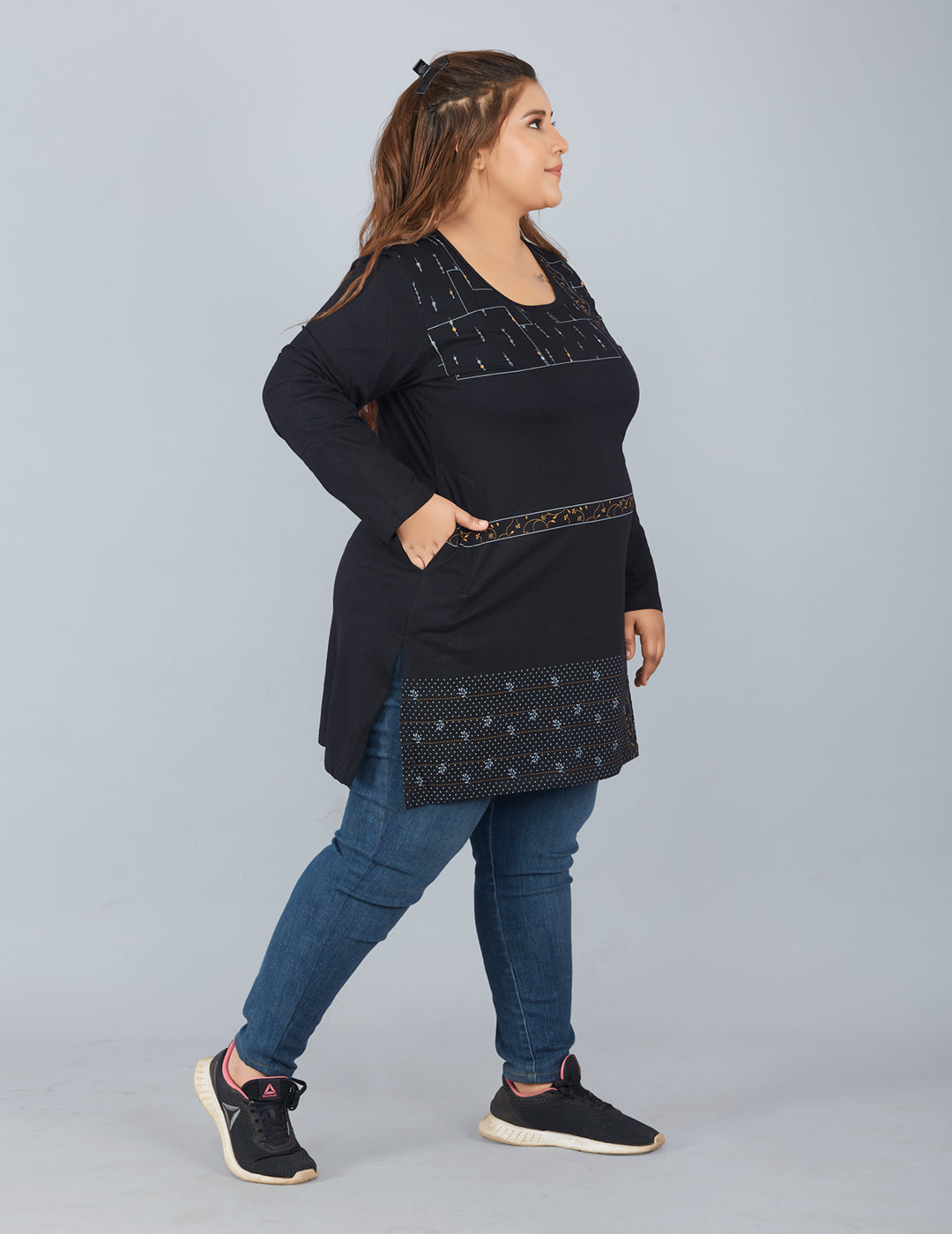 Cotton Long Top For Women Plus Size In Full Sleeve - Black At Best Prices