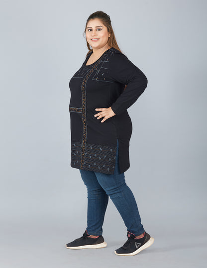 Cotton Long Top For Women Plus Size In Full Sleeve - Black At Best Prices