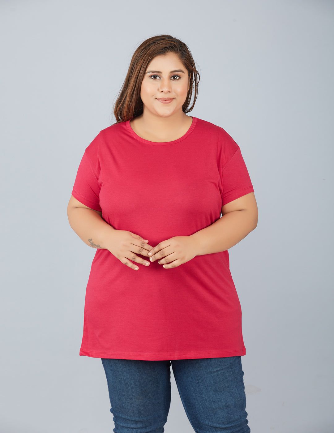 Plus Size Plain Cotton T-Shirt For Women - Pink