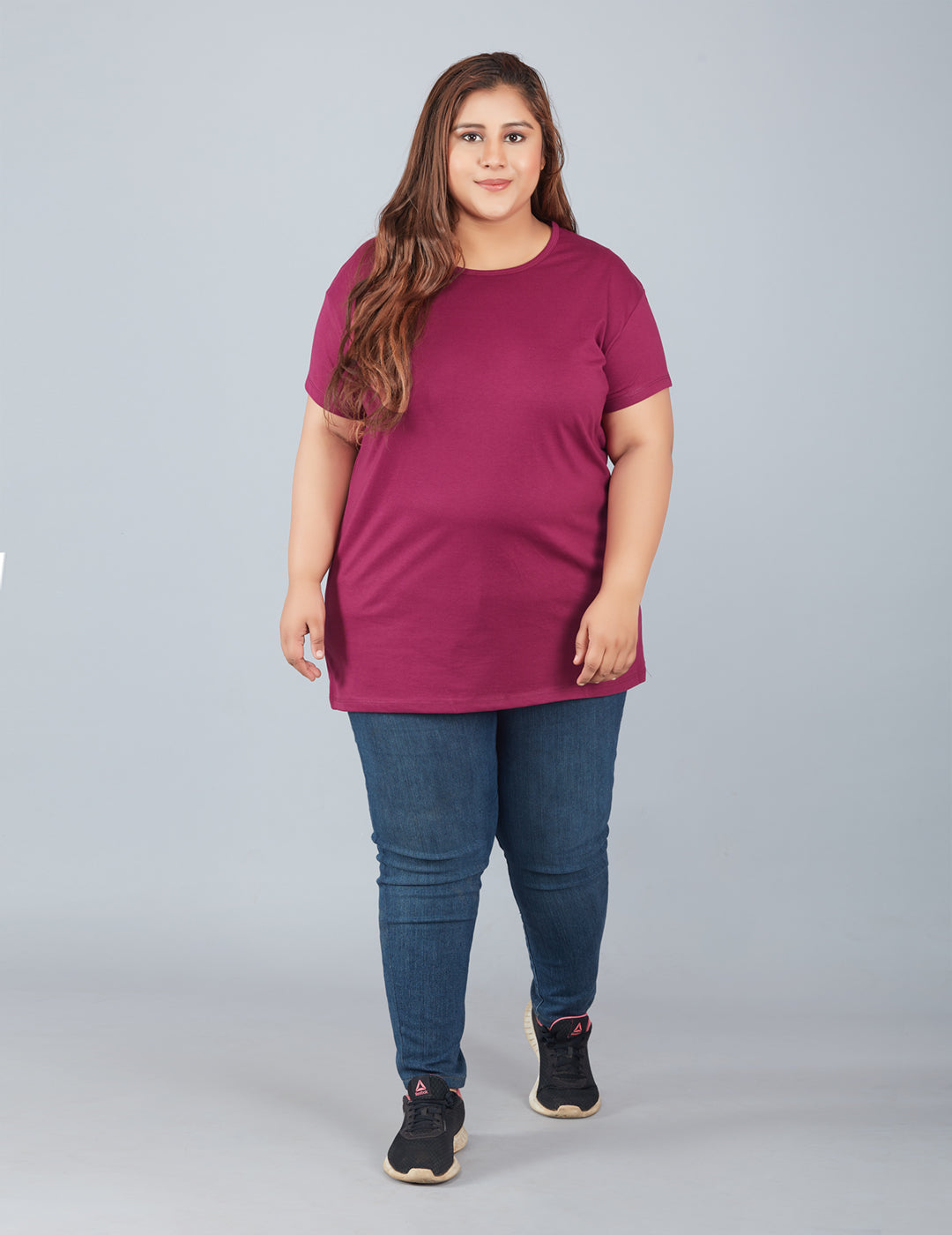 Plus Size Plain Cotton T-Shirt For Women - Purple At Best Prices