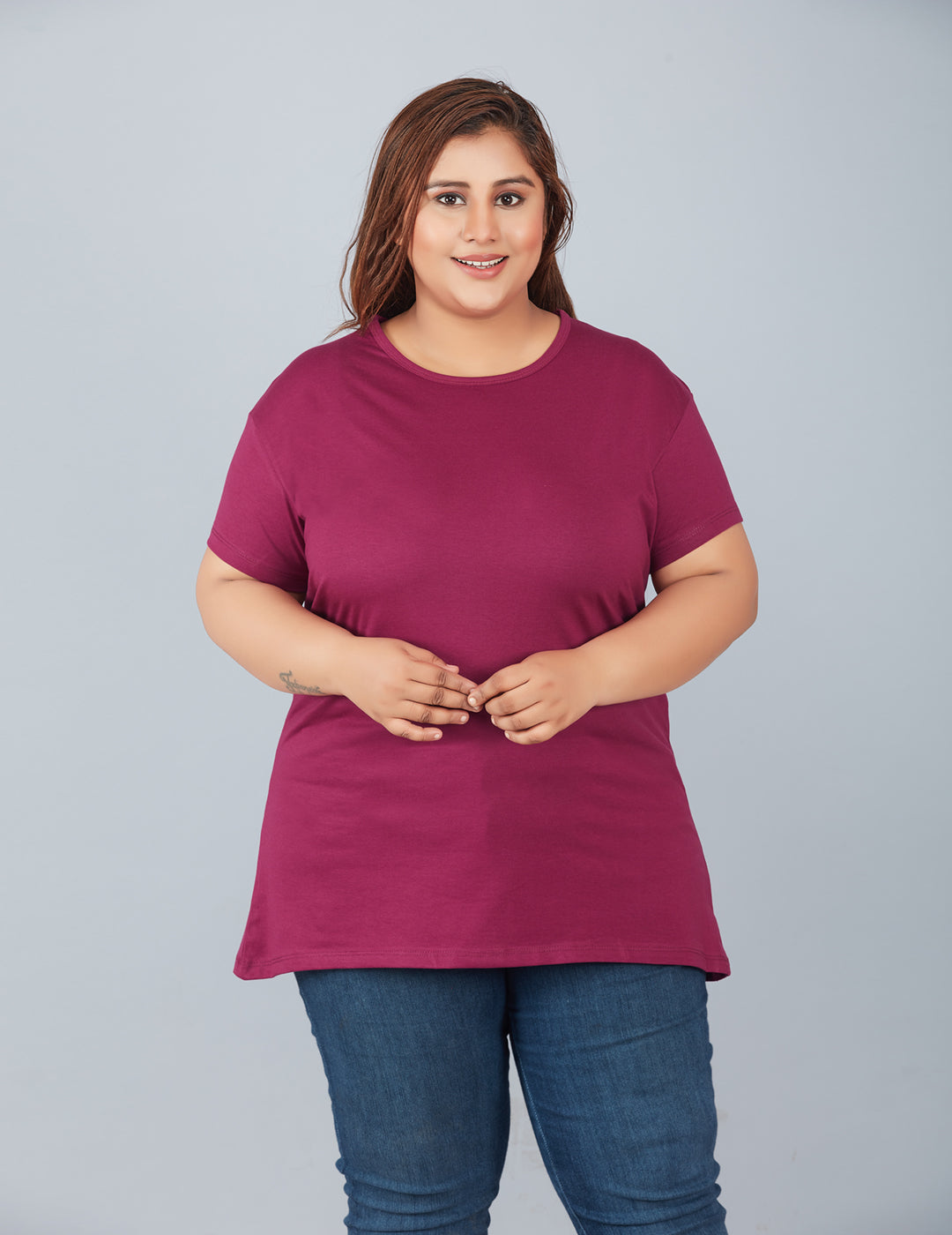Plus Size Plain Cotton T-Shirt For Women - Purple At Best Prices