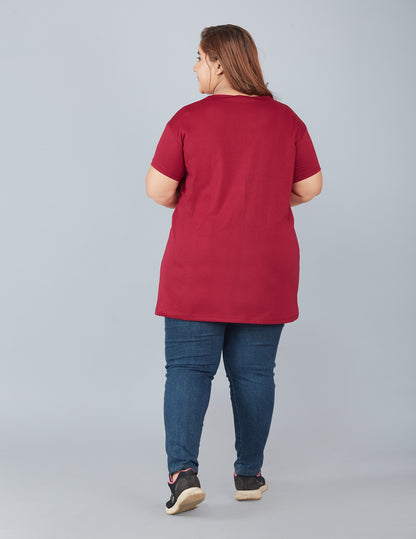 Plus Size Plain Cotton T-Shirt For Women - Plum