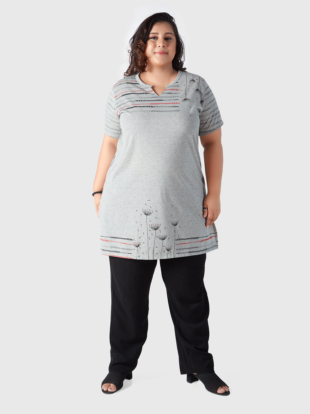 Stylish Plus Size Printed Long Tops For Women In Half Sleeves- Grey