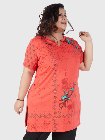 Plus Size Printed Long Tops For Women Cotton Half Sleeves - Red
