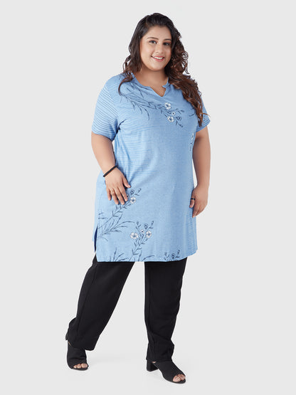 Stylish Sky Blue Plus Size Printed Cotton Half Sleeve Long T-Shirts For Women Online In India