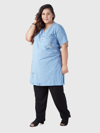 Stylish Sky Blue Plus Size Printed Cotton Half Sleeve Long T-Shirts For Women Online In India