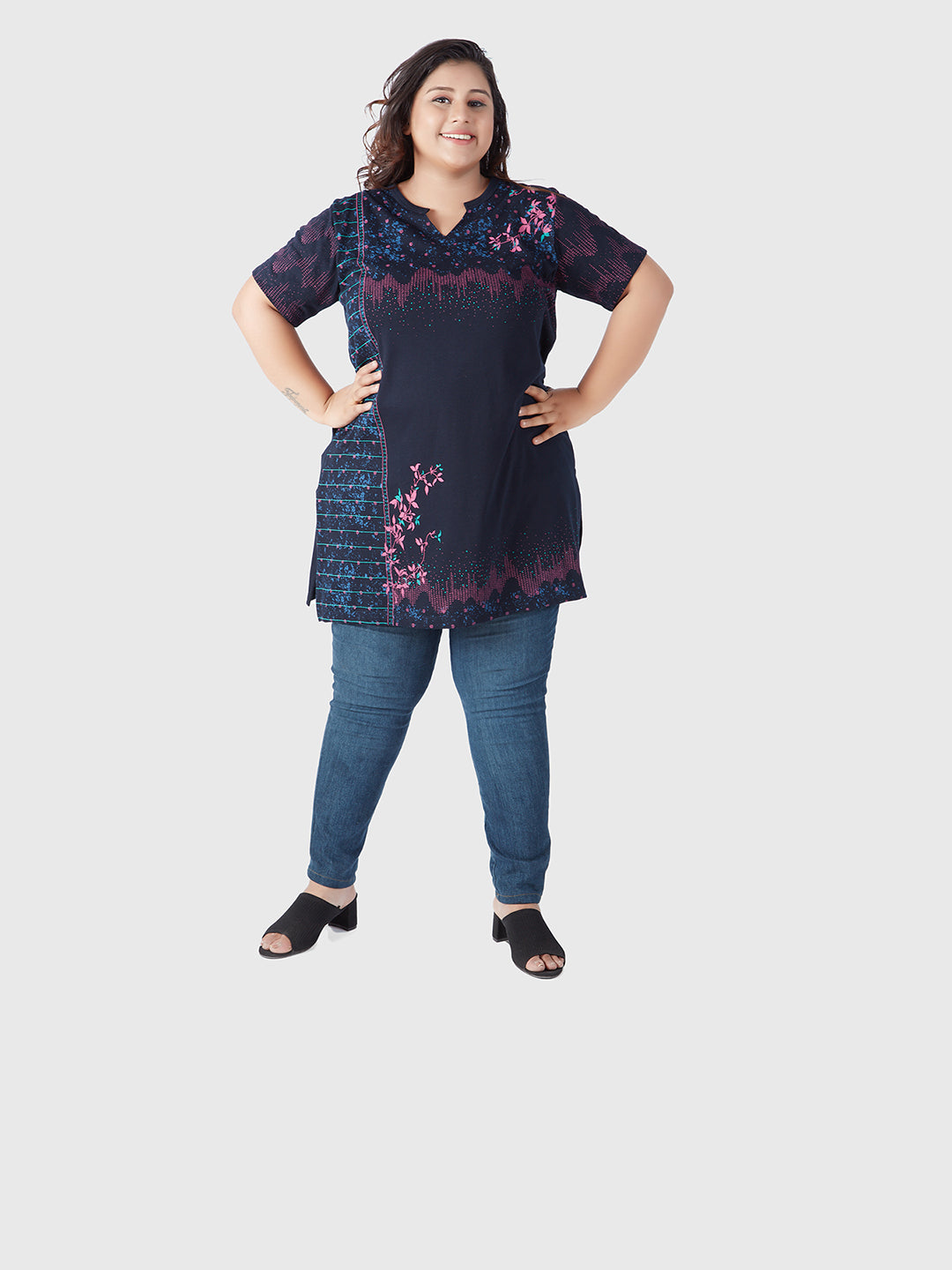 Stylish Navy Blue Plus Size Printed Cotton Long Top(Half Sleeves) For Women online in India