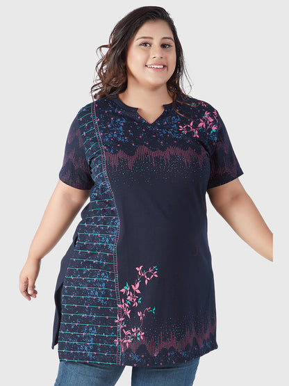 Stylish Navy Blue Plus Size Printed Cotton Long Top(Half Sleeves) For Women online in India
