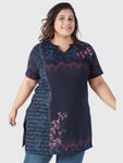 Plus Size Printed Long Tops For Women Half Sleeves T-shirts - Navy Blue