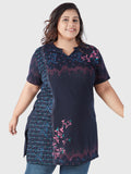 Plus Size Printed Long Tops For Women Half Sleeves T-shirts - Navy Blue