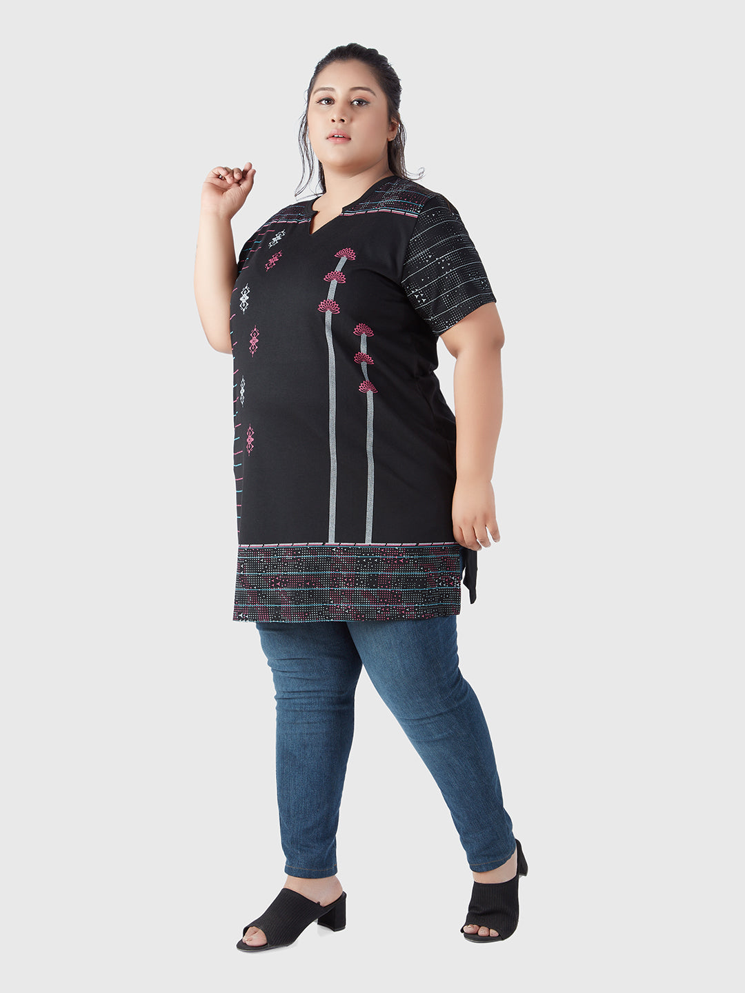 Plus Size Printed Long Tops For Women Half Sleeves - Black