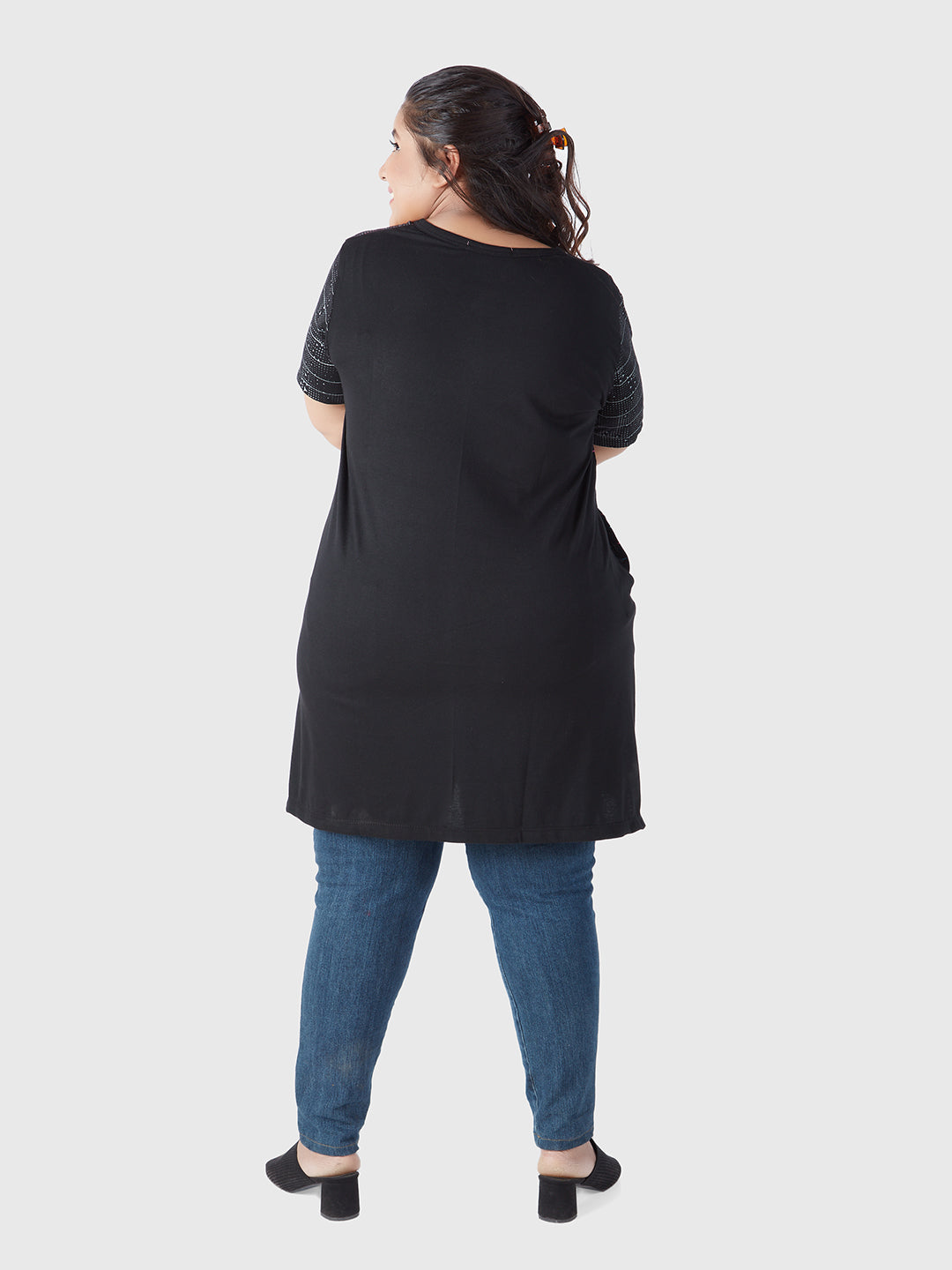 Plus Size Printed Long Tops For Women In Half Sleeves - Black