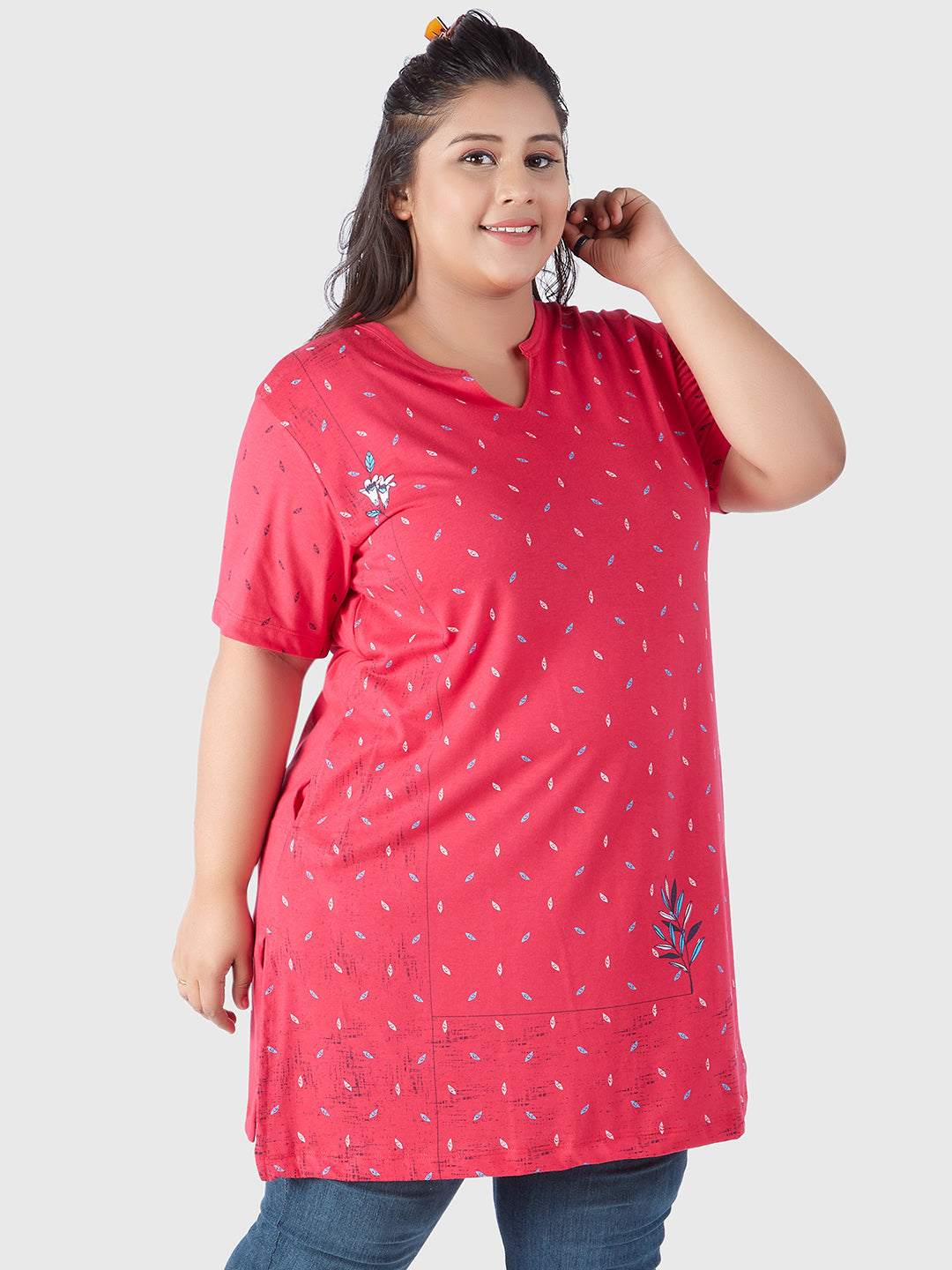 Stylish Pink Plus Size Printed Cotton Long Top(Half Sleeves) For Women online in India