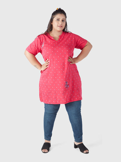 Plus Size Printed Long Tops For Women Half Sleeves - Pink