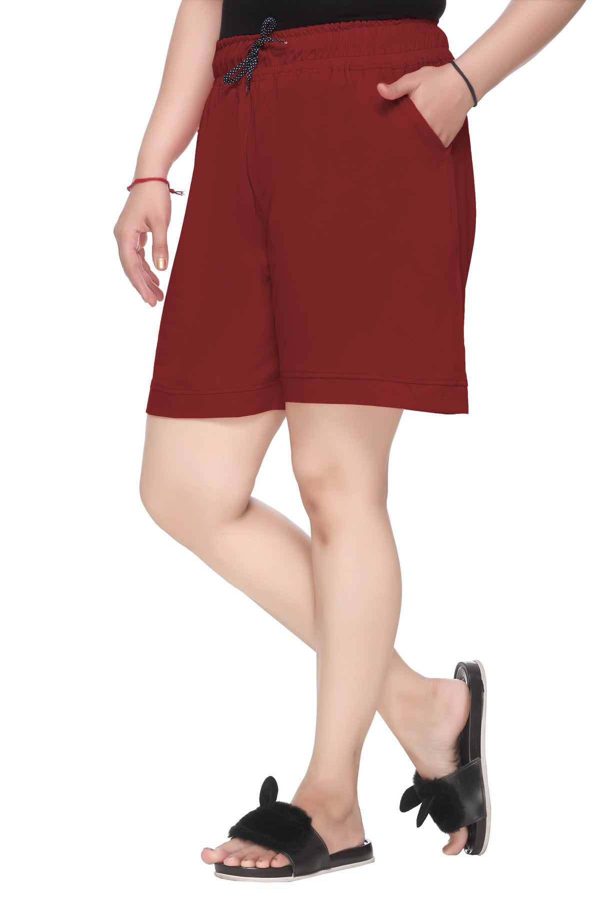 Plus Size Cotton Shorts For Women - Plain Bermuda - Maroon