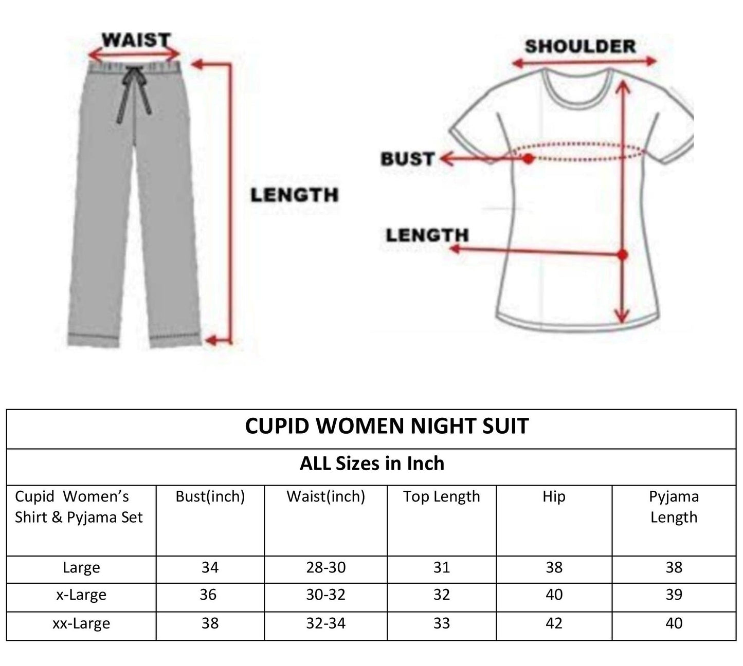 CUPID Regular Fit Night Suit Sets for Women ( RED)