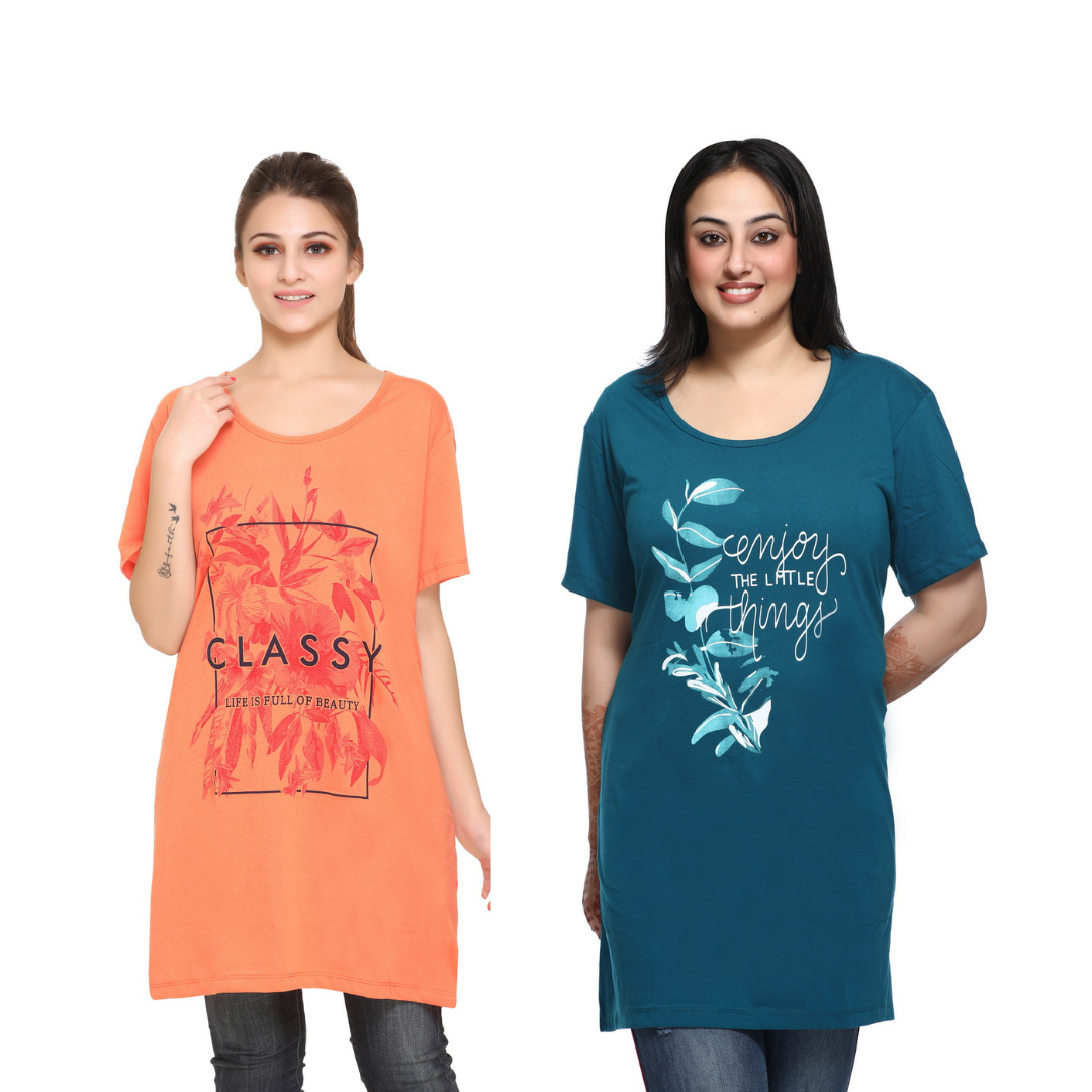 Plus Size Long T-shirts For Women - Half Sleeve - Pack of 2 (Orange & Teal)
