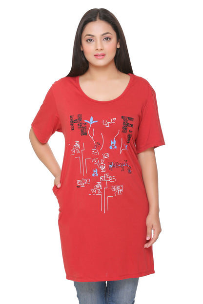 Plus Size Long T-shirt For Women - Half Sleeve - Rust Red
