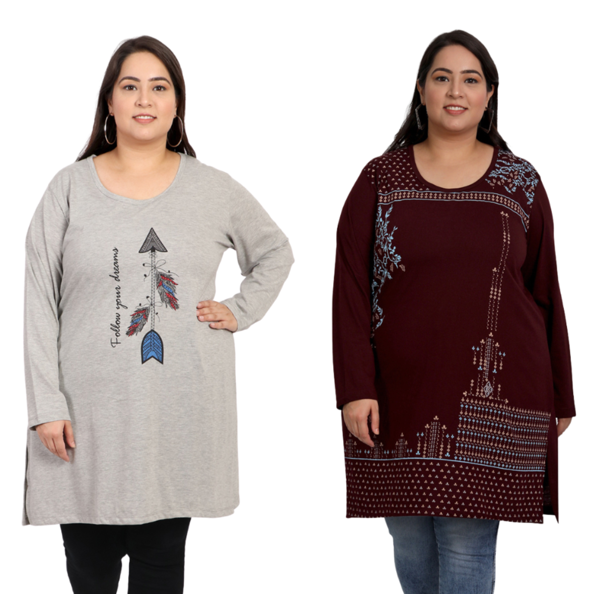 Plus Size Cotton Long Tops for Women Full Sleeves - Pack of 2 (Wine & Grey)