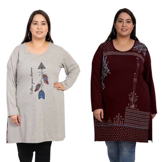 Stylish Plus Size Full Sleeves Cotton Long Tops For Women (Pack of 2) Online In India