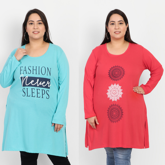 Stylish Plus Size Full Sleeves Cotton Long Tops For Women (Pack of 2) Online In India